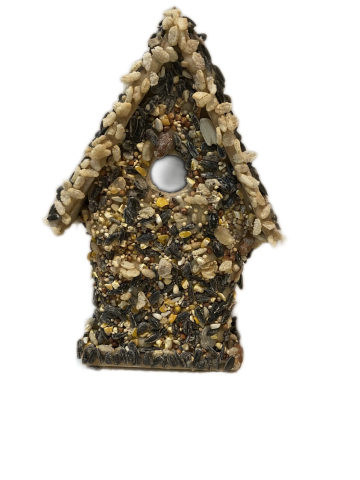 Birdseed-covered birdhouse