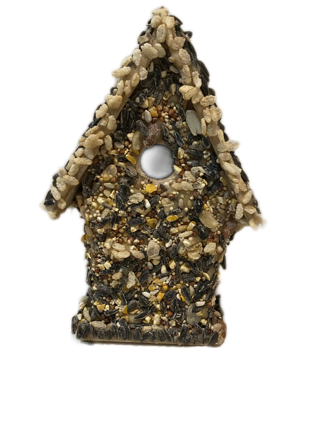 Birdseed-covered birdhouse